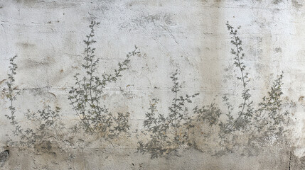 Fototapeta premium A textured wall adorned with delicate silvery-green plant silhouettes, creating an intriguing interplay of nature and architecture.