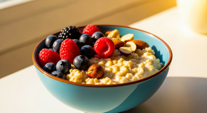 Delicious bowl of oatmeal with fresh berries and nuts on a table