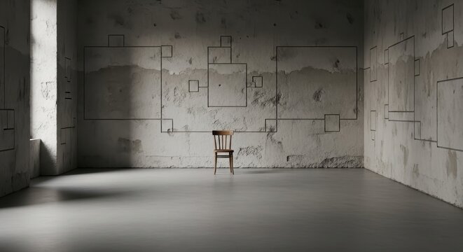 A solitary wooden chair stands in an empty room against a textured plaster wall with abstract geometric outlines.