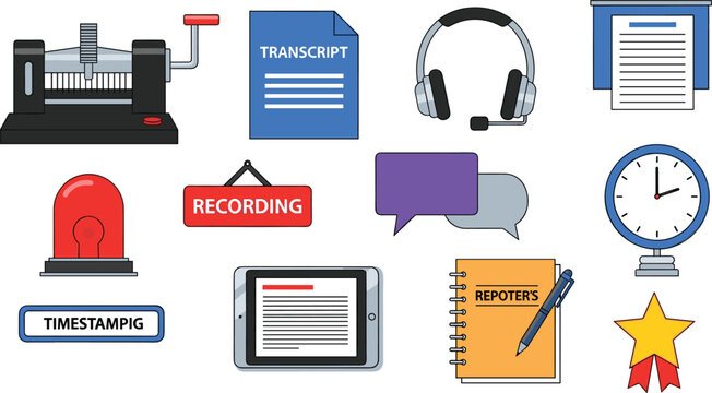 Transcription and Reporting Icons Featuring Transcript, Recording, Timestamping, Headset, and Reporter Tools for Media and Journalism