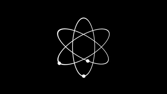 Minimalist white atom model with orbiting electrons moving along circular paths on black background symbolizing molecular structure scientific research physics and nuclear energy.