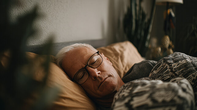 Elderly man with glasses sleeping peacefully in bed, surrounded by pillows and soft lighting, creating a calm and restful atmosphere.