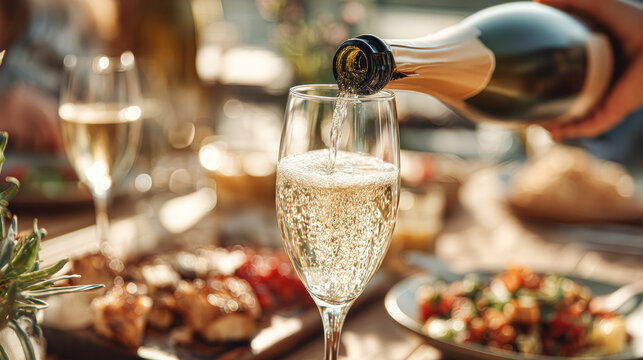 A glass of sparkling wine being poured at an outdoor dining table set with food in warm, natural light.