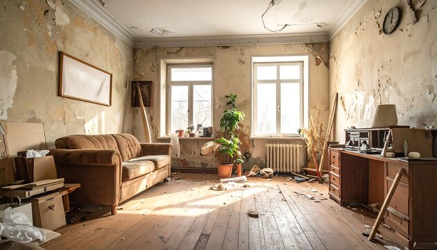 Run-down, sunlit room peeling wallpaper, wooden floor, brown sofa, and miscellaneous objects create an abandoned feel