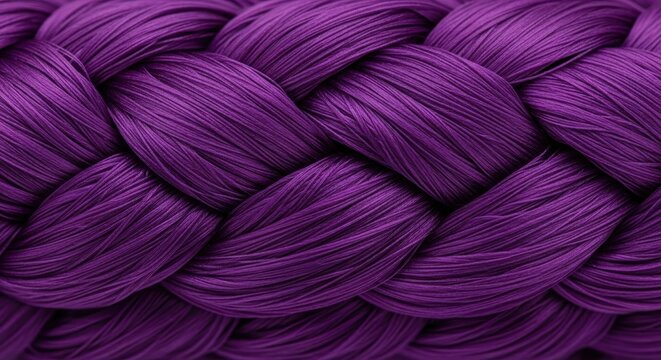 Detailed macro photograph capturing the rich color and complex texture of tightly interwoven fibers forming a deep violet plait, indigo, lavender, complex