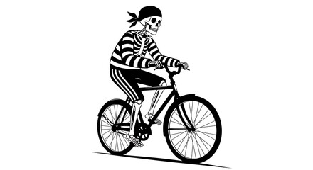 Obraz premium Black and white illustration of a skeleton pirate riding a bicycle on a white background