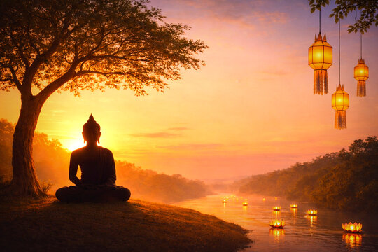 Buddha Meditating Under Tree by River with Floating Lanterns at Golden Sunrise, Vesak