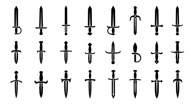 Black and white collection of various medieval weapons swords, daggers, and blades