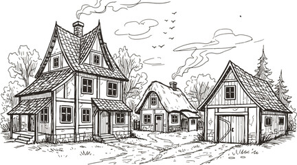 Fototapeta premium Charming victorian village with snow-covered houses under a cloudy sky