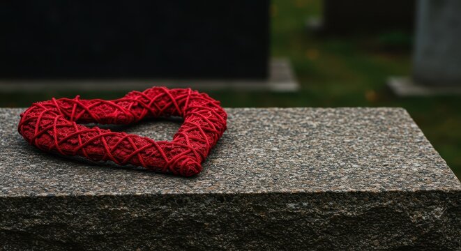 Solemn heart wreath decoration placed carefully on a weathered granite tombstone, symbolizing enduring love and loss, passing, resting, sorrow