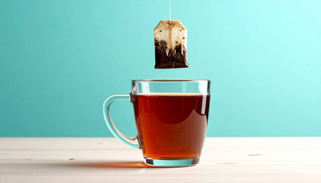Wet tea bag dripping into a clear glass mug of black tea on a wooden table against a teal background.