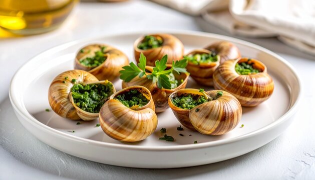 Gourmet French Escargot with Garlic Herb Butter Served in Shells