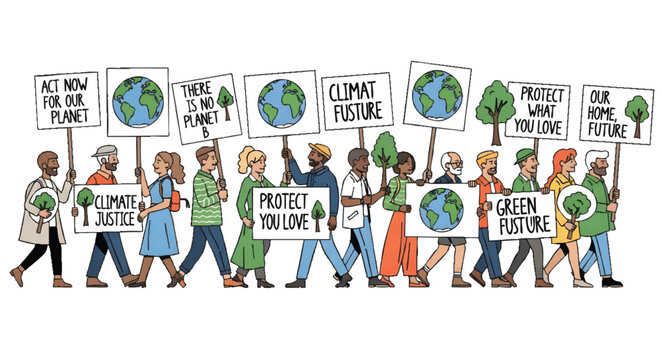 Diverse group of people protesting for environmental protection and climate action