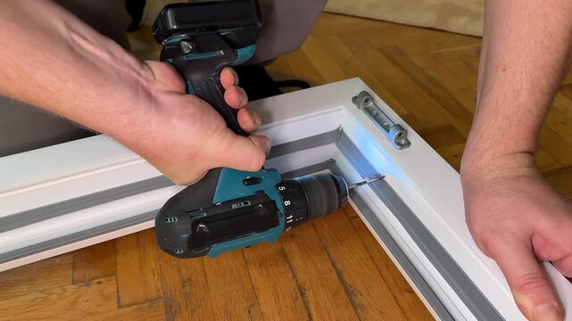 Hands use a cordless drill to fasten a hinge on a white cabinet door frame, close up view on a wooden floor, practical home improvement mood