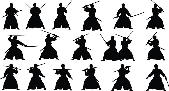 Black silhouettes of samurai warriors with swords in combat stances, Japanese martial arts illustration showing traditional kenjutsu and kendo fighting techniques