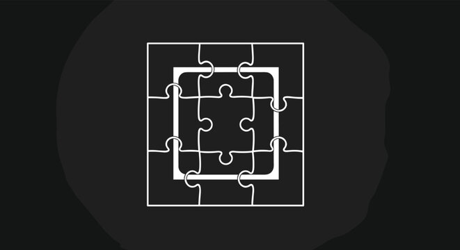 White outline of a square jigsaw puzzle on a dark gray background with a glowing center piece highlighting the final solution to a problem.
