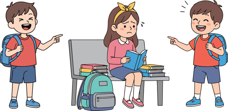 Cartoon children teasing classmate on bench with books, bullying scene, schoolyard conflict, backpacks, laughter, education awareness illustration about student safety