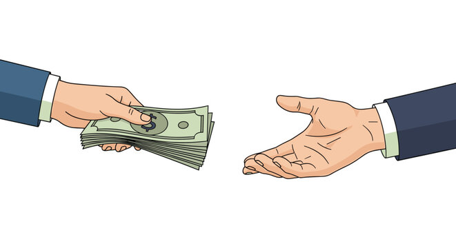 Business transaction concept with one hand giving a stack of dollar bills to another open hand for payment or bribery.