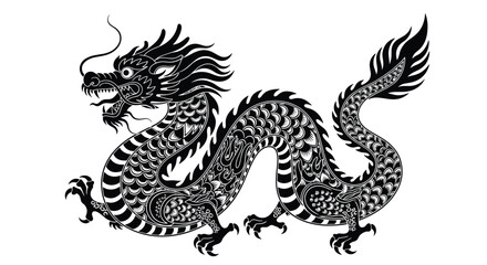 Obraz premium Traditional black and white Chinese dragon illustration with intricate scales and patterns for cultural and zodiac representations.