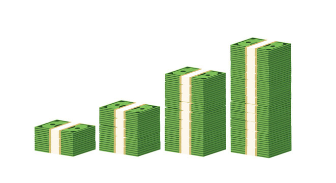 Four stacks of green dollar bills increasing in height to represent financial growth, savings progress, or rising business profit.
