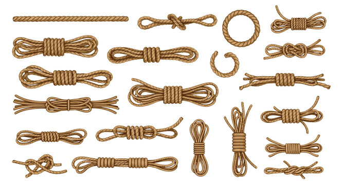 Comprehensive collection of various types of knotted ropes and coiled cords for nautical, climbing, or decorative design projects.