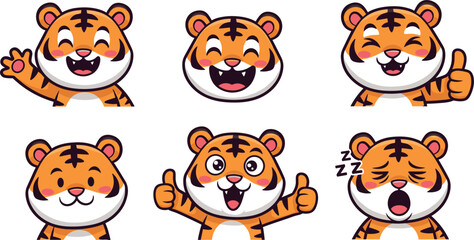 Fototapeta premium Cute tiger emoji faces set cartoon expressions happy laughing sleeping thumbs up kawaii animal vector illustration collection