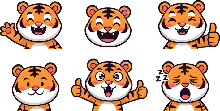 Cute tiger emoji faces set cartoon expressions happy laughing sleeping thumbs up kawaii animal vector illustration collection