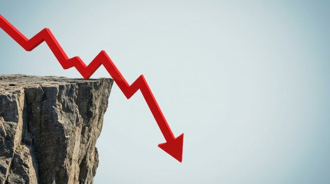 Red jagged arrow pointing down dramatically descending over a rough textured cliff face under a clear sky
