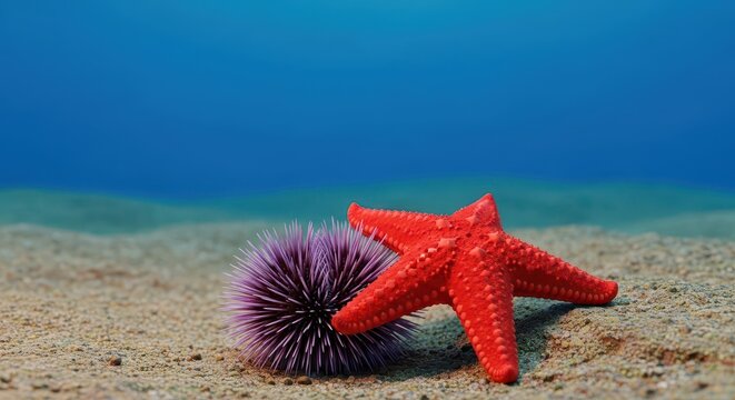 A vibrant underwater scene showing a bright red starfish resting near a spiky purple sea urchin on the rocky ocean floor, starfish, biology, conservation