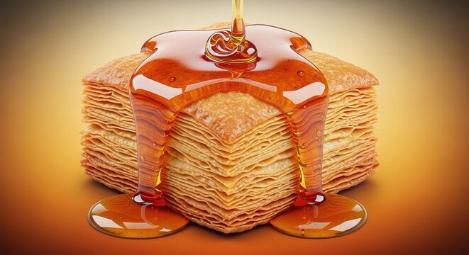 Close-up of richly textured, golden layered pastry dessert flakes generously coated in sweet, sticky amber honey syrup, ready to be served, tempting, baking, texture