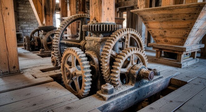 Dusty, intricate gears and heavy wooden machinery inside an old abandoned flour mill structure, emphasizing industrial decay and history, grinding, architecture, machinery