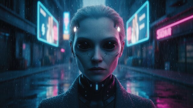 Alien woman standing in neon city street during rain. Extraterrestrial being with dark eyes and cybernetic implants. Cinematic science fiction concept of futuristic urban night life.