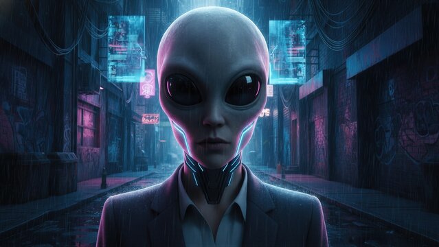 Alien in suit standing in futuristic rain city alley. Extraterrestrial character with neon cybernetic details. Science fiction portrait of visitor from space in cyberpunk urban setting.