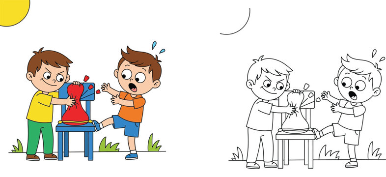 Mischievous boy popping a red bag to scare his shocked friend. Color vector illustration and black and white outline for kids coloring book.