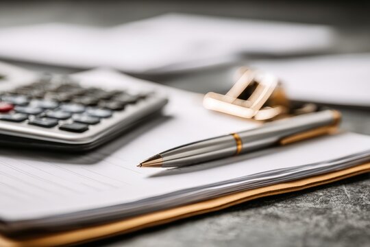 Consultant desk details including calculator keys metal pen clean folder edge clipped