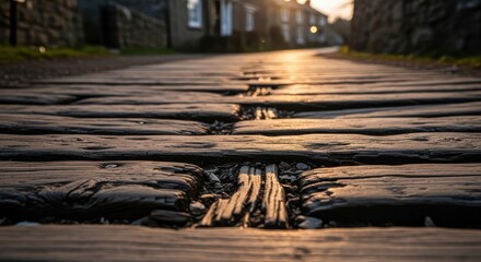 Obraz premium Close-up view of weathered wooden planks on a rustic village path at sunset