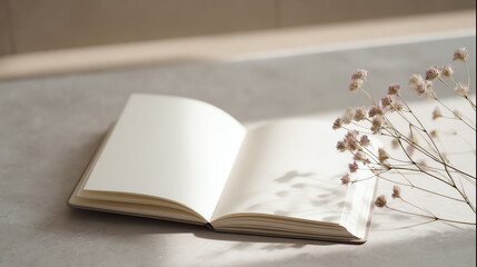 Fototapeta premium An open book lies on a smooth surface, accompanied by delicate dried flowers, creating a serene and inviting atmosphere.