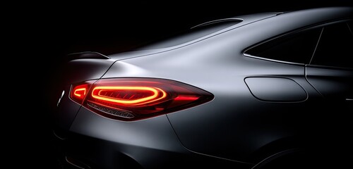 Fototapeta premium Sleek silver coupe taillight glows with red illumination on black