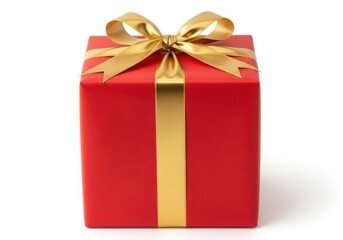 Fototapeta premium Elegant red gift box tied with golden ribbon and bow
