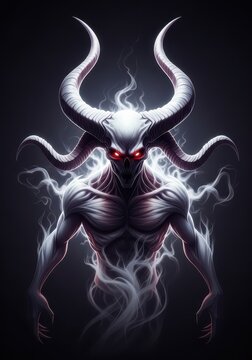 A chilling specter of pure evil, rendered in stark white and pale tones, featuring large horns and glowing, sinister eyes, bleached, intimidating, hell