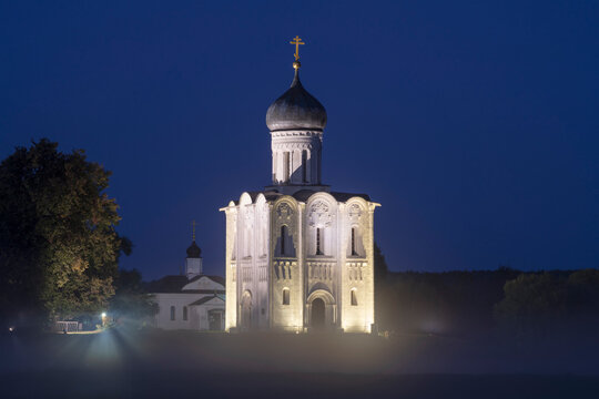 View of the medieval Church of the Intercession of the Holy Virgin on the Nerl on a September evening. Bogolyubovo. Vladimir region, Russia