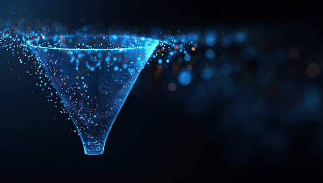 Glowing particles flowing into a transparent funnel, abstract technology concept