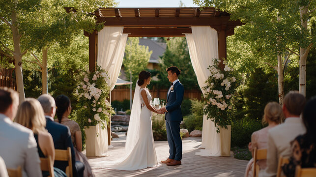 Multicultural wedding ceremony blending traditions with interfaith couple exchanging vows under decorated arch surrounded by family members from different religious backgrounds, ideal for rite of pa