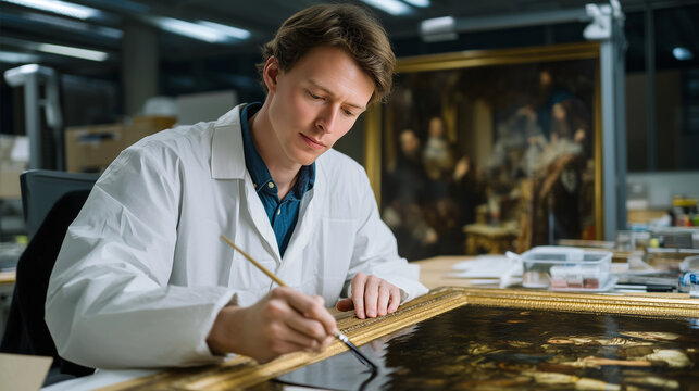 Painting conservator applying reversible varnish layer to restored masterpiece, archival documentation photographing each treatment stage, climate controlled laboratory environment ensuring longevit