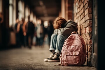 Obraz premium Boy is sitting on the floor with a backpack next to him. He looks sad and tired