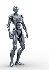 Fototapeta premium Shiny silver metallic robot shape isolated against a clean background, representing technology, artificial intelligence, and futuristic design, chrome, digital, computing