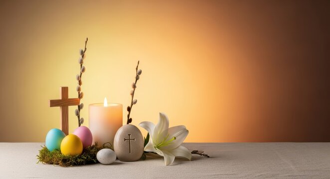Warm candlelight glowing on an Easter arrangement with religious symbols and spring decorations creating a spiritual atmosphere, resurrection, symbolic, lily