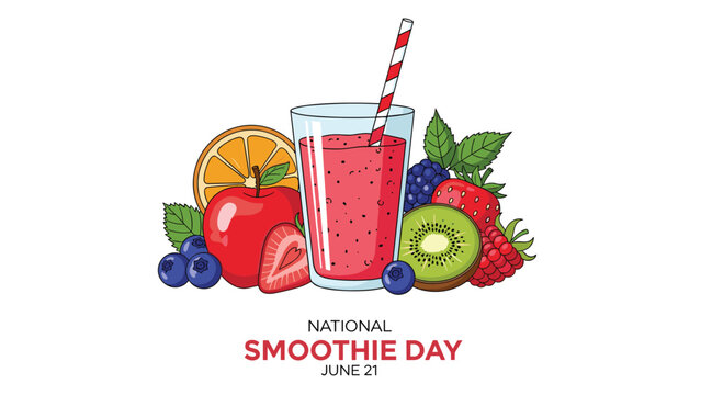 healthy red fruit smoothie in a glass with a straw is surrounded by fresh berries apples and kiwi for national smoothie day.