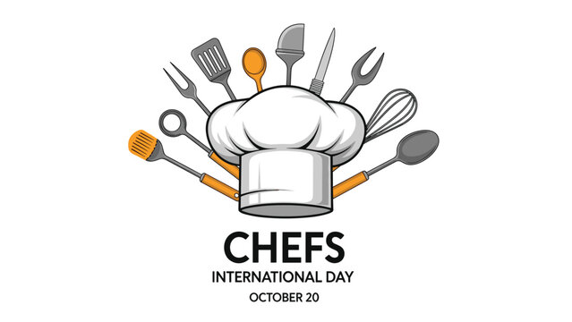 white chef hat surrounded by various kitchen tools like whisks and spatulas commemorates chefs international day in october.