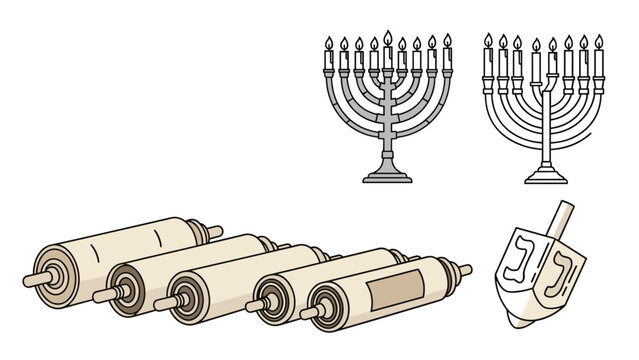 Traditional Hanukkah symbols including two menorahs, four Torah scrolls, and a dreidel celebrate the Festival of Lights.